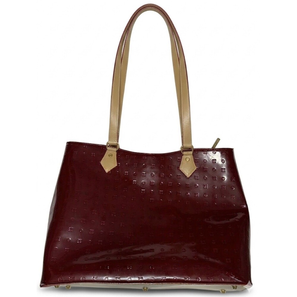 Arcadia Italy Red Patent Leather Tote Bag Monogram Embossed Large Satchel